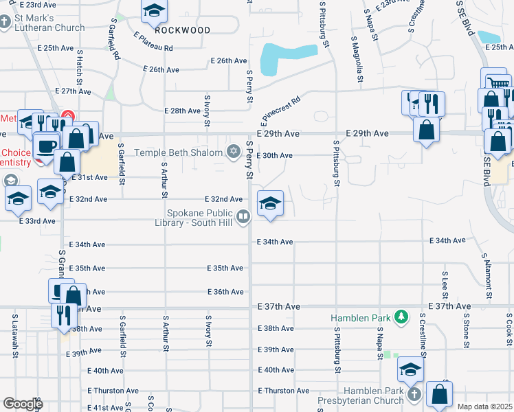 map of restaurants, bars, coffee shops, grocery stores, and more near 1406 East Cambridge Lane in Spokane