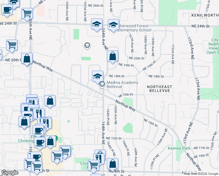 map of restaurants, bars, coffee shops, grocery stores, and more near 1604 164th Place Northeast in Bellevue