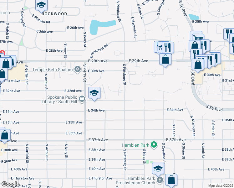 map of restaurants, bars, coffee shops, grocery stores, and more near 1712 East 32nd Court in Spokane