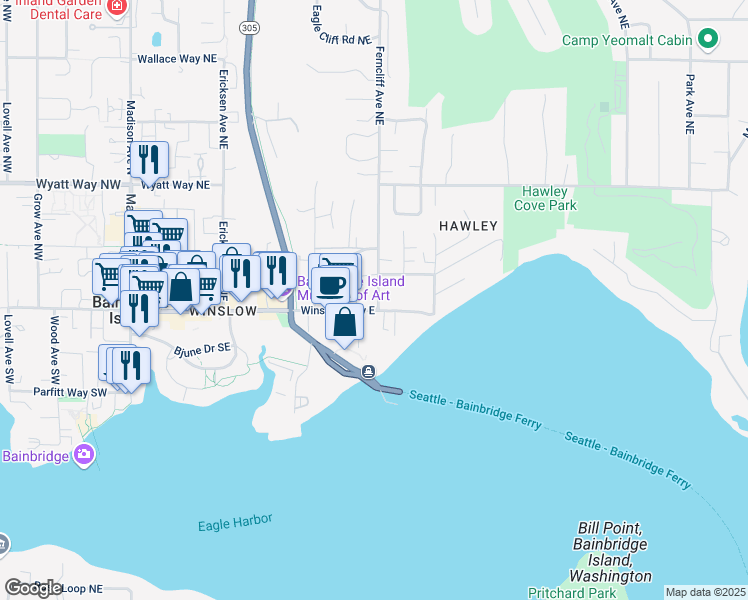 map of restaurants, bars, coffee shops, grocery stores, and more near 125 Ferncliff Avenue Northeast in Bainbridge Island