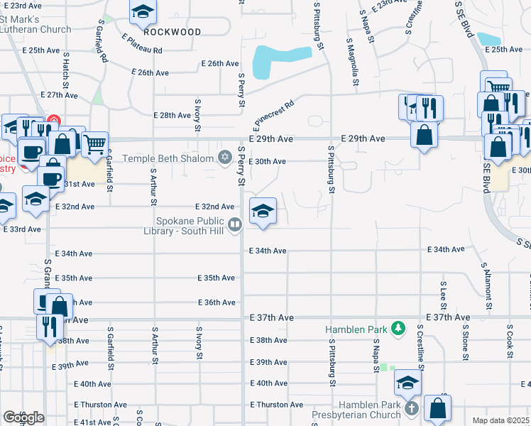 map of restaurants, bars, coffee shops, grocery stores, and more near 1508 East Cambridge Lane in Spokane