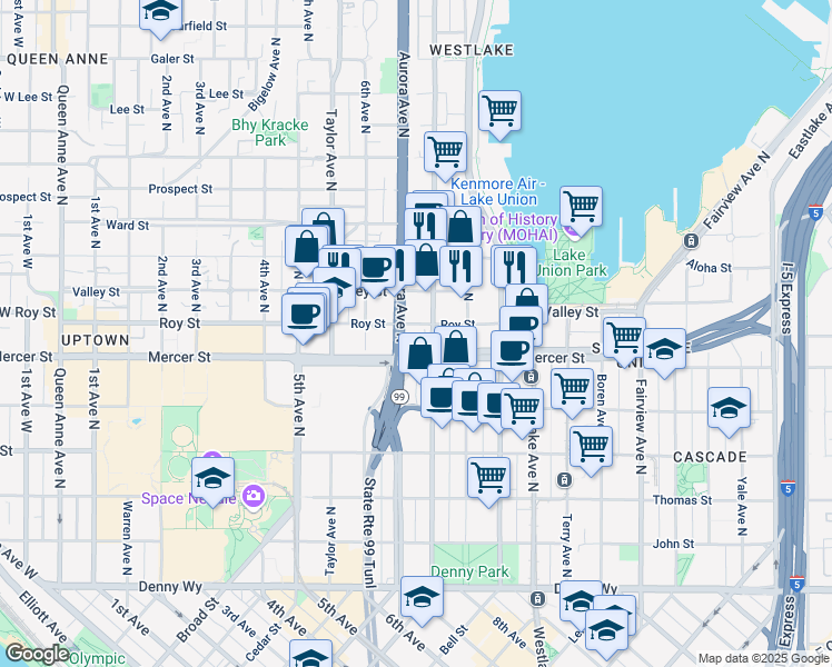 map of restaurants, bars, coffee shops, grocery stores, and more near 615 Dexter Avenue North in Seattle