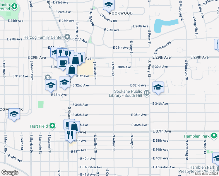 map of restaurants, bars, coffee shops, grocery stores, and more near 948 East 32nd Avenue in Spokane
