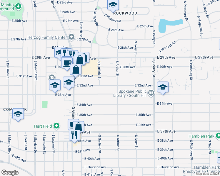 map of restaurants, bars, coffee shops, grocery stores, and more near 948 East 32nd Avenue in Spokane