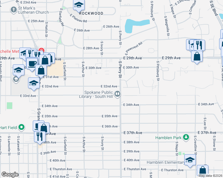 map of restaurants, bars, coffee shops, grocery stores, and more near 1308 East 32nd Avenue in Spokane