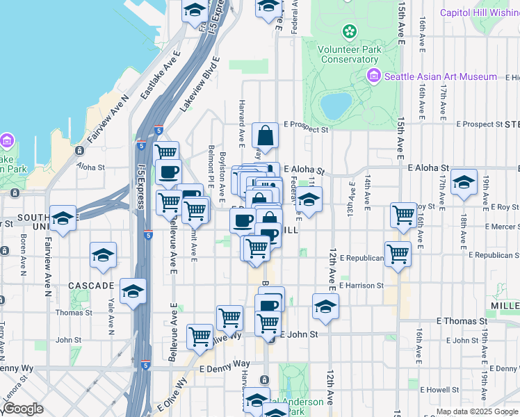 map of restaurants, bars, coffee shops, grocery stores, and more near 700 Broadway East in Seattle