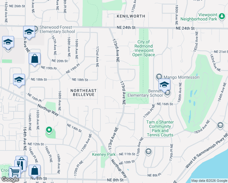 map of restaurants, bars, coffee shops, grocery stores, and more near 1704 172nd Court Northeast in Bellevue