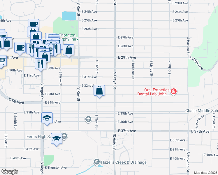map of restaurants, bars, coffee shops, grocery stores, and more near 3519 East 33rd Avenue in Spokane