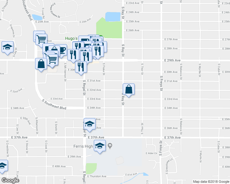 map of restaurants, bars, coffee shops, grocery stores, and more near 3136 East 32nd Avenue in Spokane