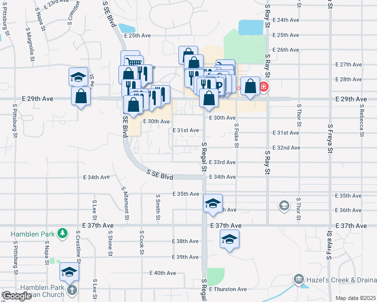map of restaurants, bars, coffee shops, grocery stores, and more near 2717 East 33rd Avenue in Spokane