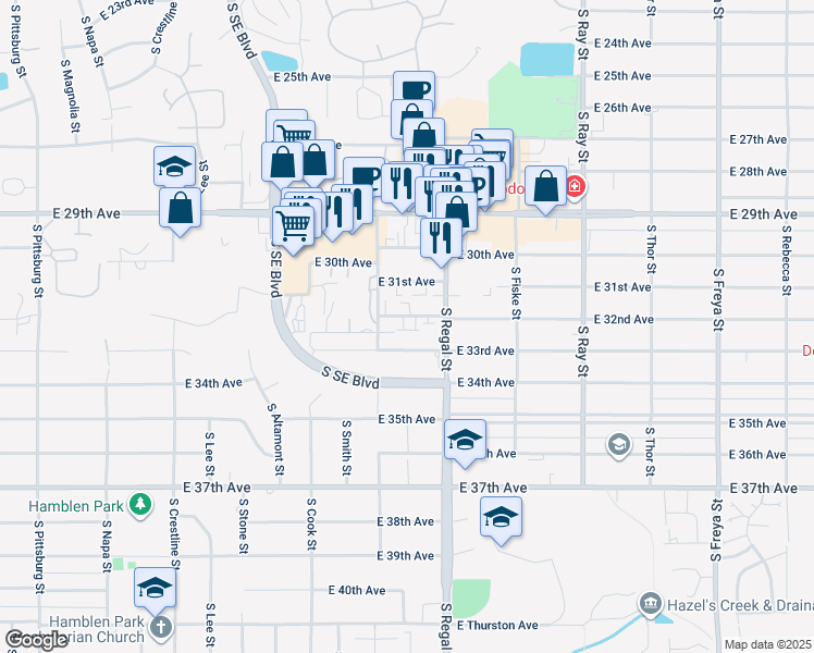 map of restaurants, bars, coffee shops, grocery stores, and more near 2717 East 33rd Avenue in Spokane