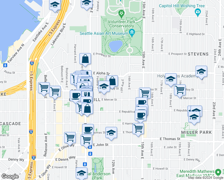 map of restaurants, bars, coffee shops, grocery stores, and more near 622 11th Avenue East in Seattle