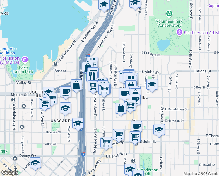 map of restaurants, bars, coffee shops, grocery stores, and more near in Seattle