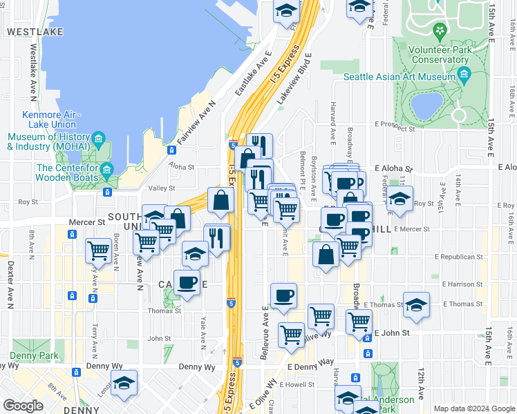 map of restaurants, bars, coffee shops, grocery stores, and more near 650 Bellevue Avenue East in Seattle