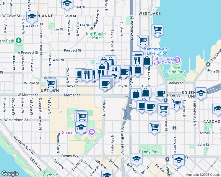 map of restaurants, bars, coffee shops, grocery stores, and more near in Seattle