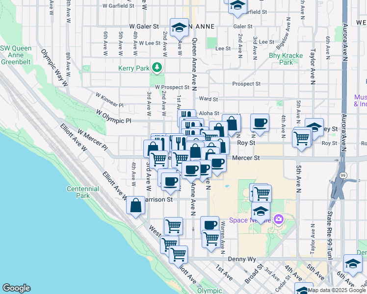 map of restaurants, bars, coffee shops, grocery stores, and more near 612 1st Avenue West in Seattle