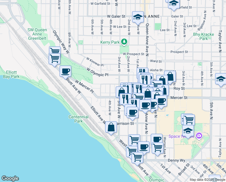 map of restaurants, bars, coffee shops, grocery stores, and more near 617 3rd Avenue West in Seattle