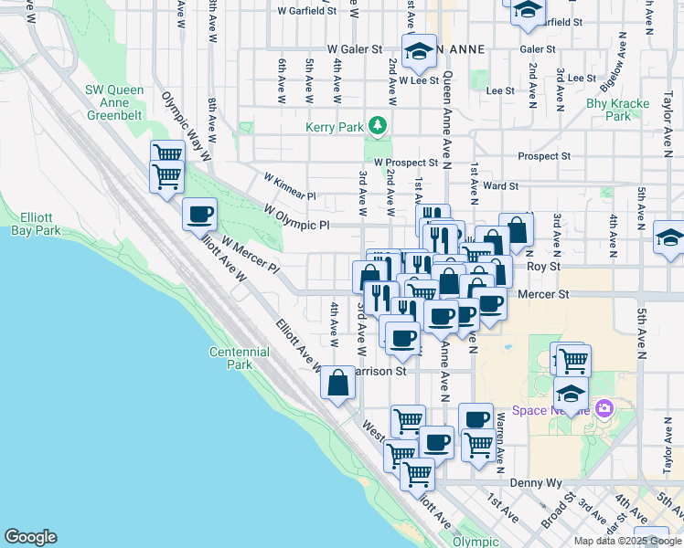 map of restaurants, bars, coffee shops, grocery stores, and more near 617 3rd Avenue West in Seattle