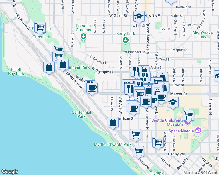 map of restaurants, bars, coffee shops, grocery stores, and more near 412 West Mercer Street in Seattle