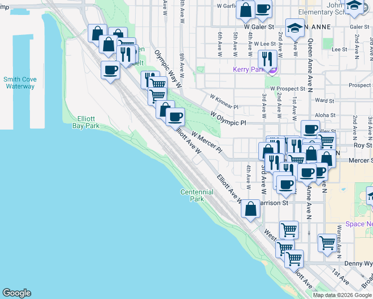 map of restaurants, bars, coffee shops, grocery stores, and more near 635 Elliott Avenue West in Seattle