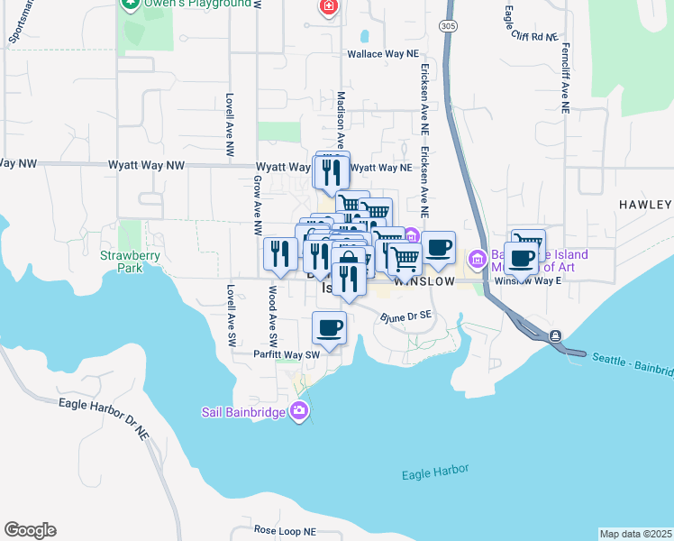 map of restaurants, bars, coffee shops, grocery stores, and more near in Bainbridge Island