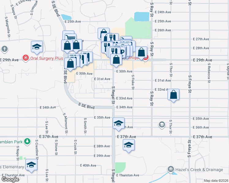 map of restaurants, bars, coffee shops, grocery stores, and more near 2824 East 32nd Avenue in Spokane
