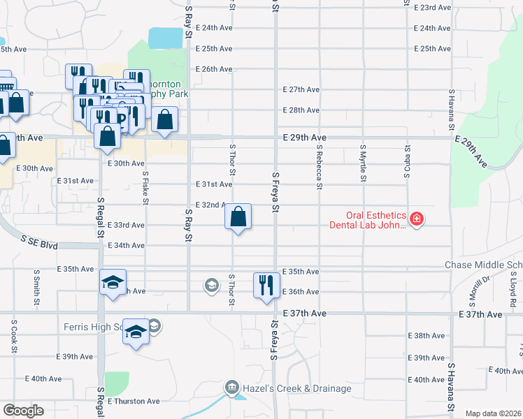 map of restaurants, bars, coffee shops, grocery stores, and more near 3519 East 33rd Avenue in Spokane