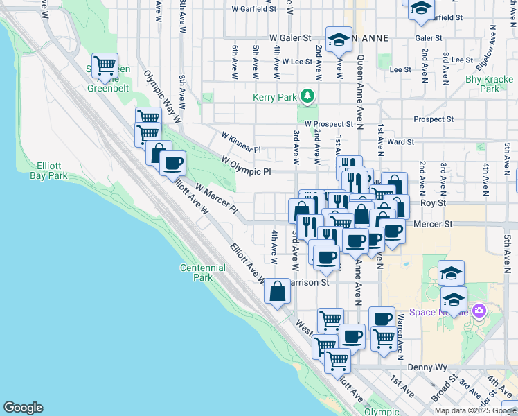 map of restaurants, bars, coffee shops, grocery stores, and more near 412 West Mercer Street in Seattle