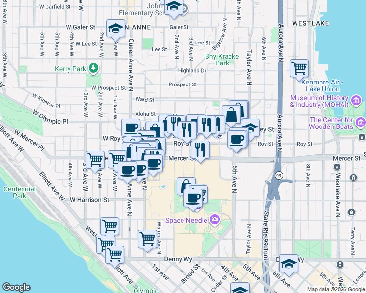 map of restaurants, bars, coffee shops, grocery stores, and more near 225 Roy Street in Seattle