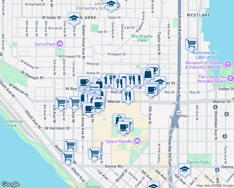 map of restaurants, bars, coffee shops, grocery stores, and more near 225 Roy Street in Seattle