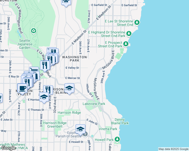 map of restaurants, bars, coffee shops, grocery stores, and more near 521 McGilvra Boulevard East in Seattle