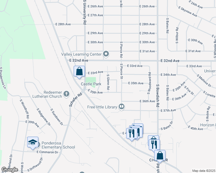 map of restaurants, bars, coffee shops, grocery stores, and more near 3428 South Glenn Road in Spokane Valley
