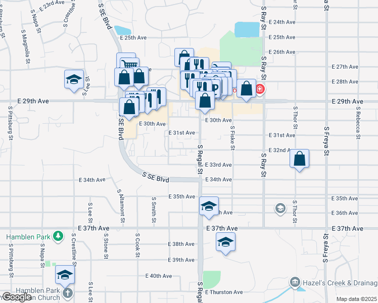 map of restaurants, bars, coffee shops, grocery stores, and more near 2824 East 32nd Avenue in Spokane