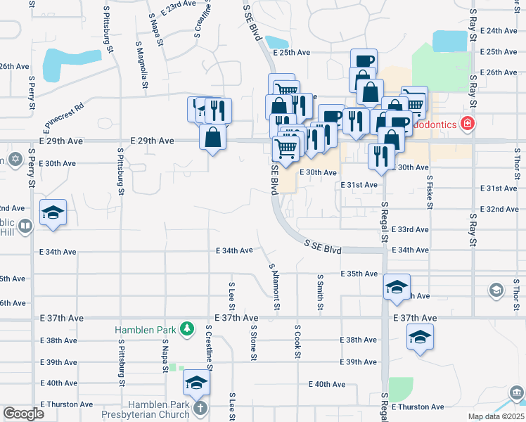 map of restaurants, bars, coffee shops, grocery stores, and more near 2314 East 32nd Avenue in Spokane