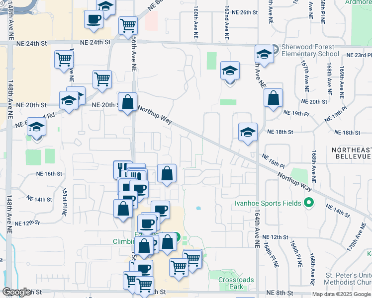 map of restaurants, bars, coffee shops, grocery stores, and more near 15853 Northup Way in Bellevue
