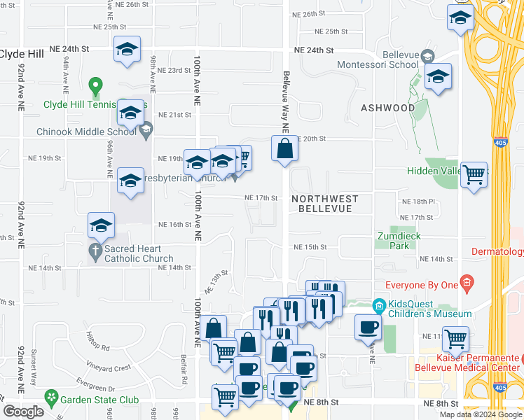 map of restaurants, bars, coffee shops, grocery stores, and more near 1620 103rd Avenue Northeast in Bellevue