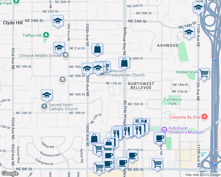 map of restaurants, bars, coffee shops, grocery stores, and more near 1620 103rd Avenue Northeast in Bellevue