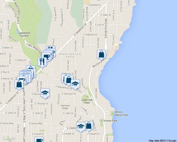 map of restaurants, bars, coffee shops, grocery stores, and more near 521 McGilvra Boulevard East in Seattle