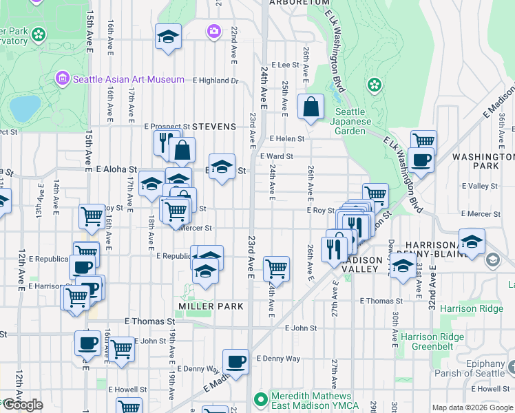map of restaurants, bars, coffee shops, grocery stores, and more near in Seattle