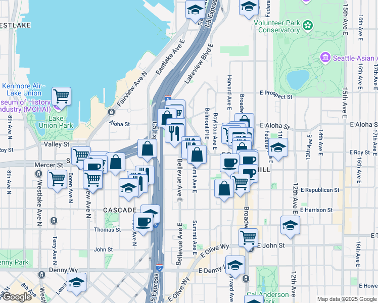 map of restaurants, bars, coffee shops, grocery stores, and more near 650 Bellevue Avenue East in Seattle