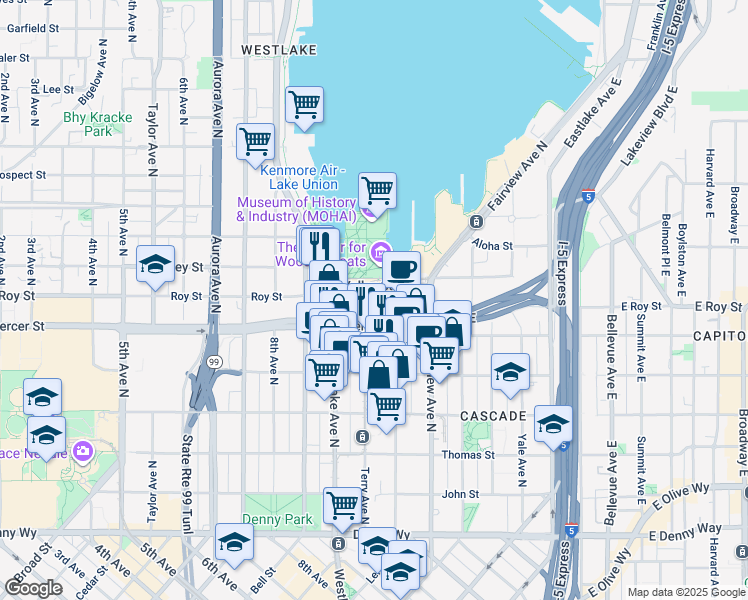 map of restaurants, bars, coffee shops, grocery stores, and more near 615 Boren Avenue North in Seattle