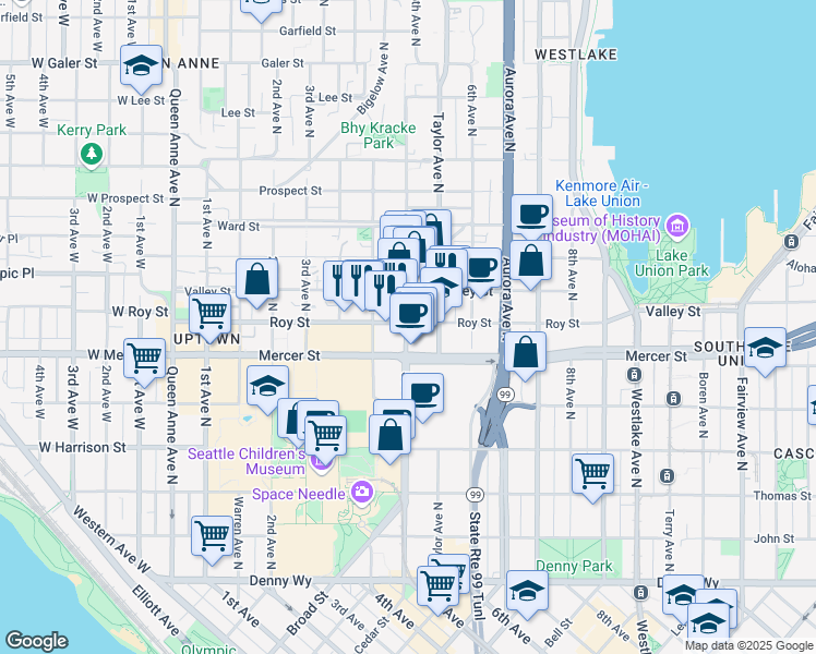 map of restaurants, bars, coffee shops, grocery stores, and more near 500 Mercer Street in Seattle