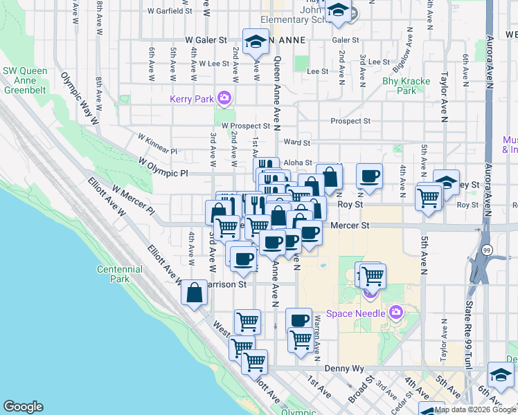 map of restaurants, bars, coffee shops, grocery stores, and more near 612 1st Avenue West in Seattle