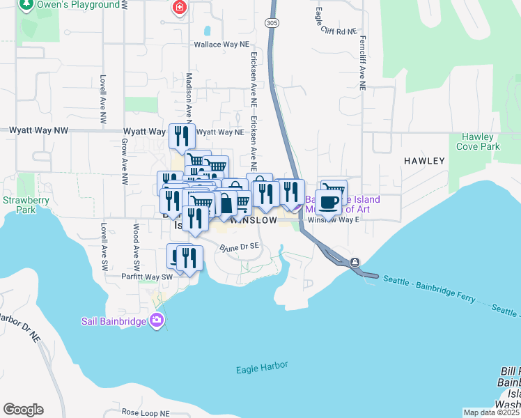 map of restaurants, bars, coffee shops, grocery stores, and more near 120 Ericksen Avenue Northeast in Bainbridge Island