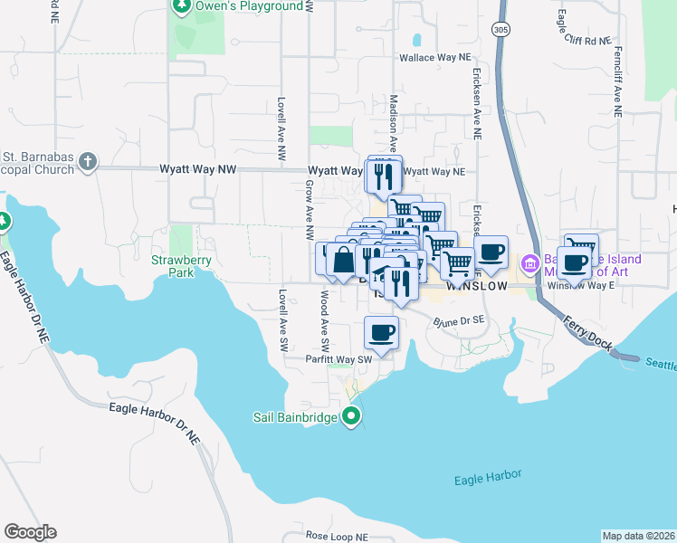 map of restaurants, bars, coffee shops, grocery stores, and more near 214 Winslow Way West in Bainbridge Island