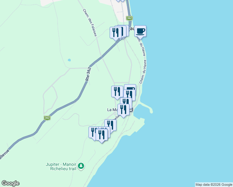 map of restaurants, bars, coffee shops, grocery stores, and more near 505 Chemin des Falaises in La Malbaie