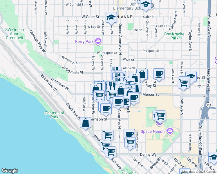 map of restaurants, bars, coffee shops, grocery stores, and more near 621 1st Avenue West in Seattle