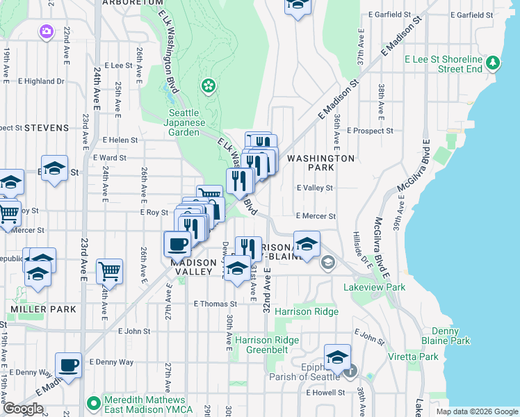 map of restaurants, bars, coffee shops, grocery stores, and more near 853 Lake Washington Boulevard East in Seattle