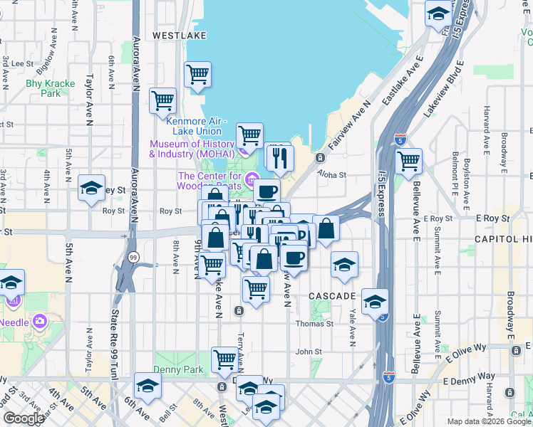 map of restaurants, bars, coffee shops, grocery stores, and more near 1104 Mercer Street in Seattle