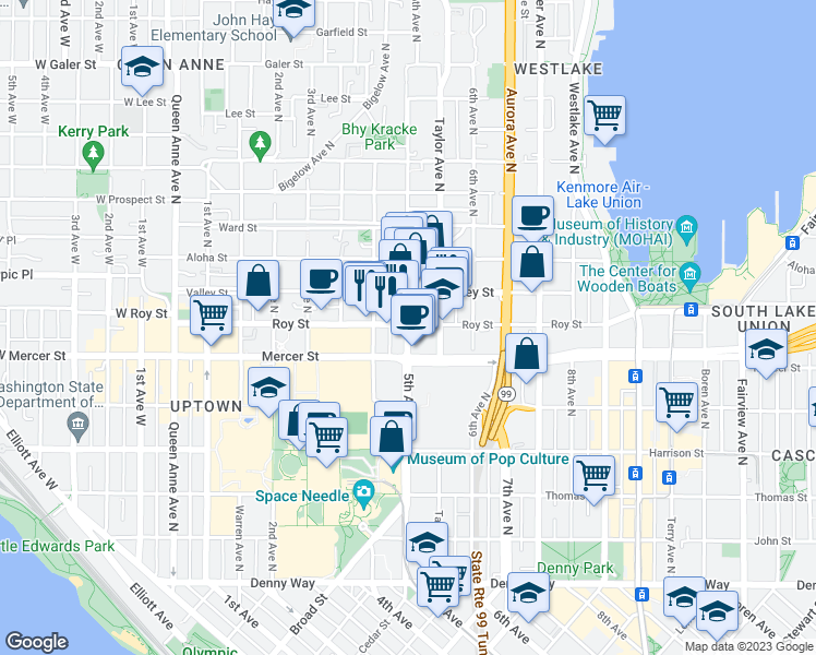 map of restaurants, bars, coffee shops, grocery stores, and more near 500 Mercer Street in Seattle